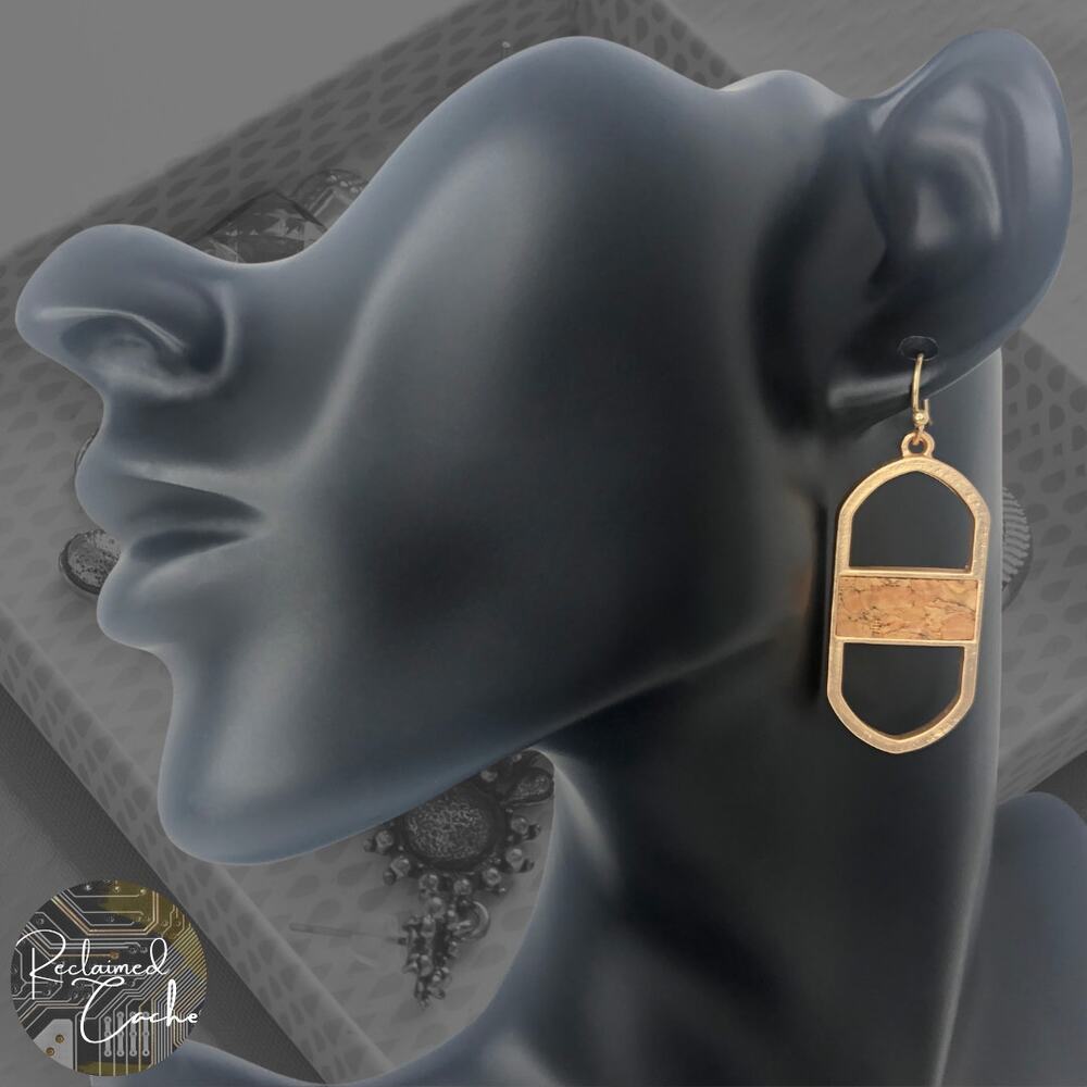 Matte Gold and Tan Oval Bar Drop Earrings